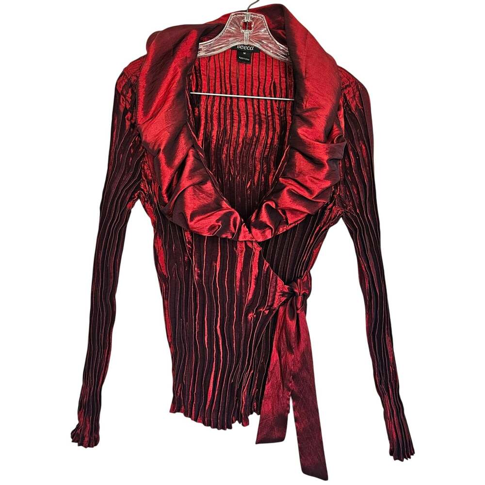 Burgundy Medium Metallic Crinkle Blouse Side Tie Waist Wrap Shawl Collar 90s Y2K
